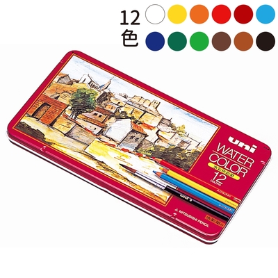 日本UNI三菱WATER COLOR美術水彩色鉛筆UWC12C水性鉛筆(12色水溶性含2種調性,附水彩筆x1)兒童彩繪畫筆 適淡水彩&打底