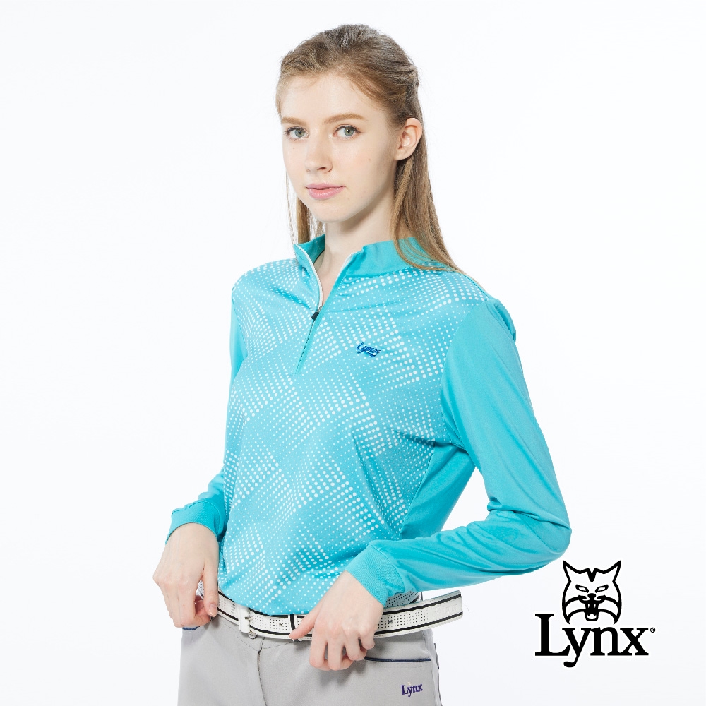 【Lynx Golf】女款吸汗速乾點點漸層設計感印花長袖立領POLO衫/高爾夫球衫-藍綠色