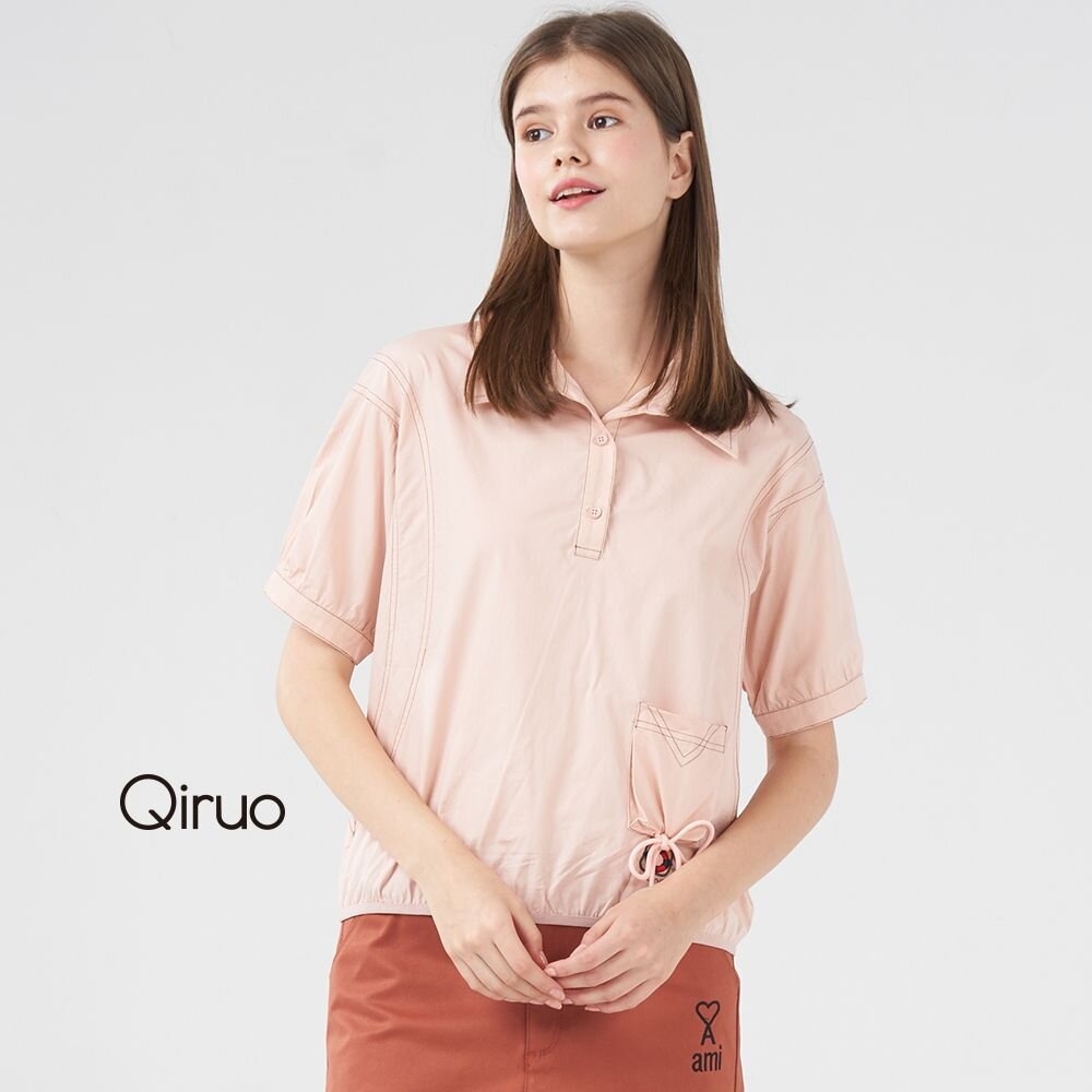 【Qiruo 奇若名品】專櫃精品粉紅上衣短袖襯衫領兩扣女裝 蝴蝶結設計8222A