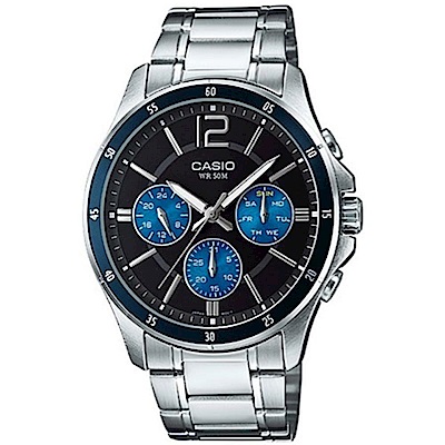 CASIO 低調奢華三針三眼風格不鏽鋼錶(MTP-1374D-2A)藍/44mm