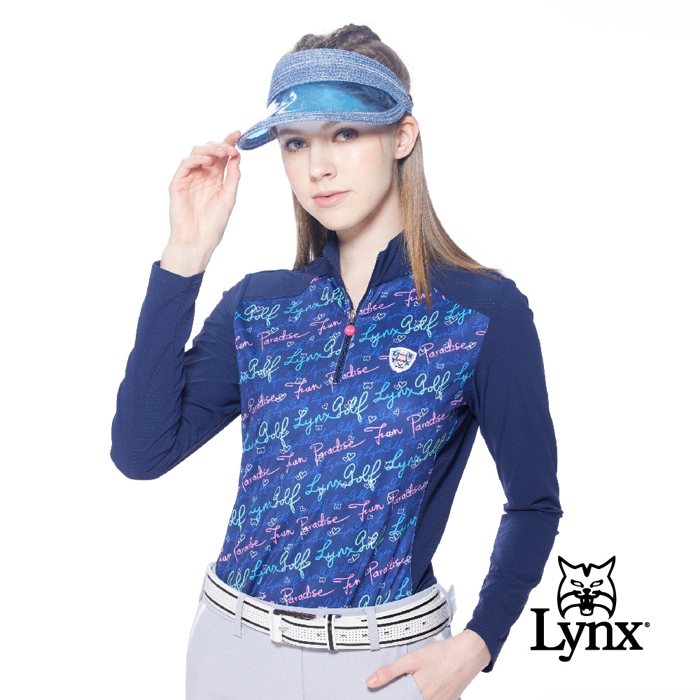 【Lynx Golf】女款吸排合身版易溶紗材質Lynx印花盾型織標長袖立領POLO衫/高爾夫球衫-深藍色