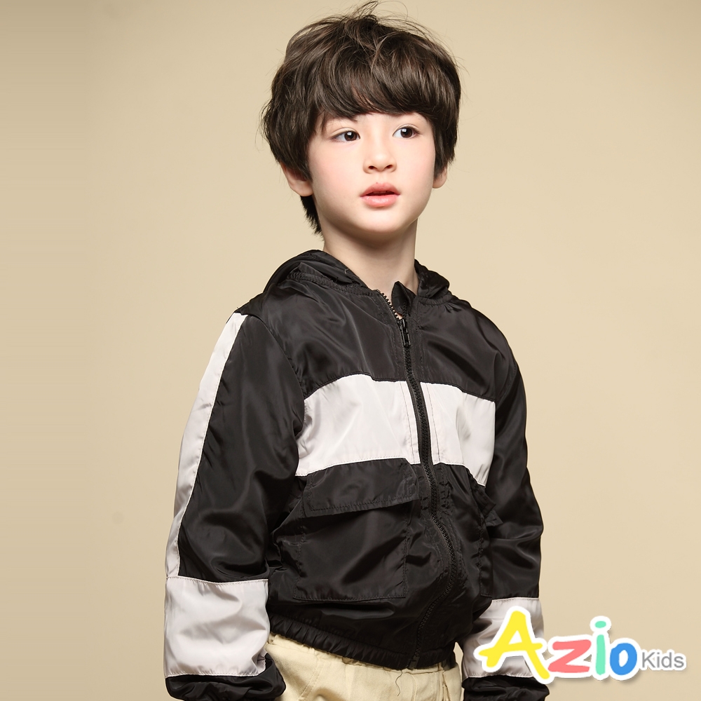 Azio Kids美國派 男童  外套 灰黑接片配色搖粒絨內裡連帽防風長袖外套(灰)