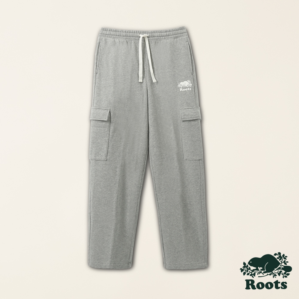 Roots女裝-絕對經典系列 海狸LOGO棉質工裝寬褲-灰色