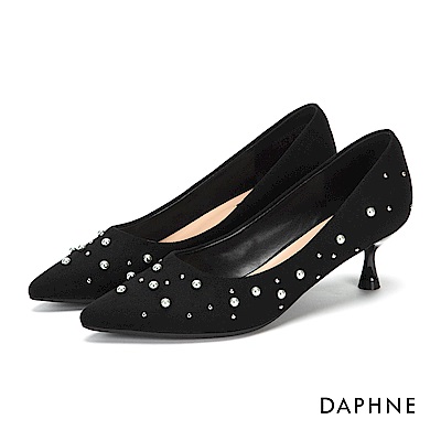 達芙妮DAPHNE 高跟鞋-珠飾鉚釘絨面高跟鞋-黑