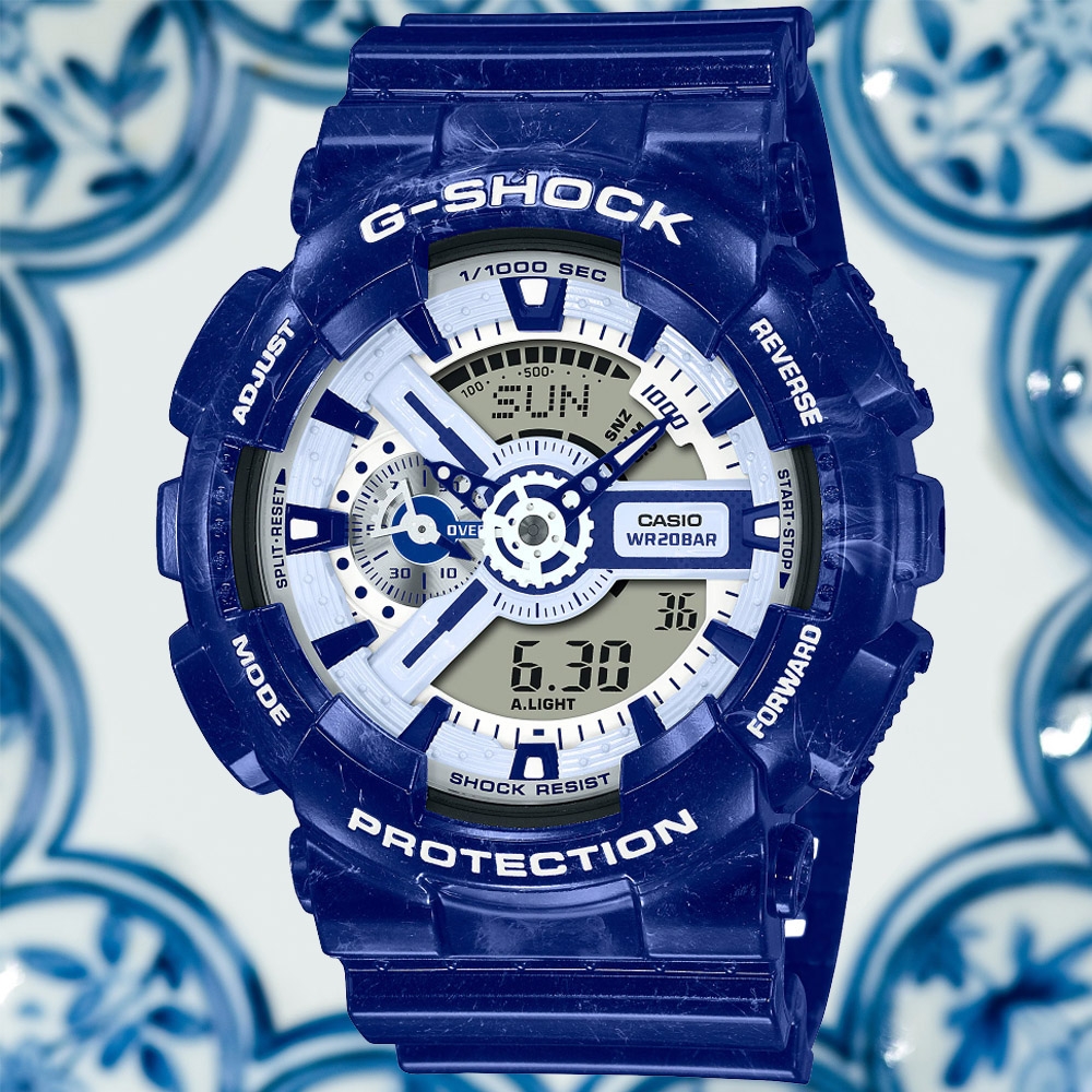CASIO 卡西歐 G-SHOCK 優雅青花瓷雙顯腕錶 母親節 禮物 51.2mm / GA-110BWP-2A