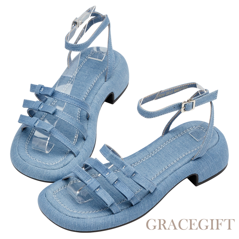 【Grace Gift】俏皮蝴蝶結細帶繞踝中跟涼鞋 牛仔