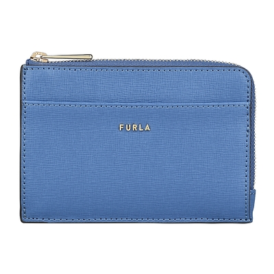 FURLA BABYLON金字LOGO防刮牛皮4卡拉鏈卡片零錢包(中/海洋藍x淺灰藍)