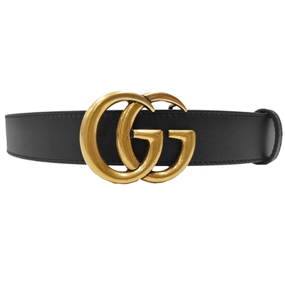 【GUCCI 古馳】414516 經典仿舊金色金屬雙G LOGO滑面小牛皮３公分面寬釦式腰帶/皮帶(黑色)