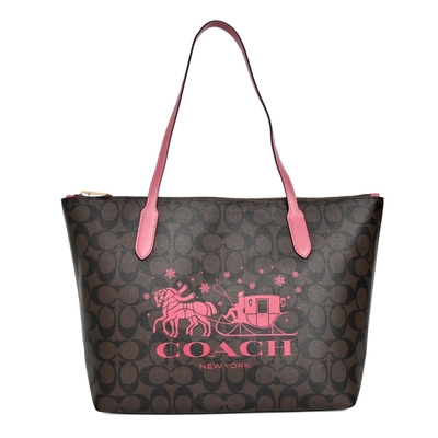 COACH深咖C Logo梅邊雪花馬車圖印肩背托特包