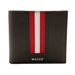 BALLY Trasi 紅白條紋金屬字母 防刮牛皮對折短夾(咖啡色)