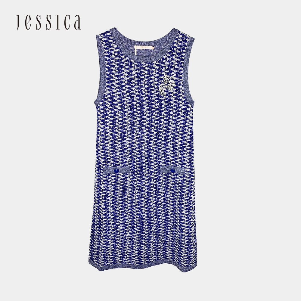 JESSICA - 高雅小香風針織鑽飾設計洋裝（藍） product image 1