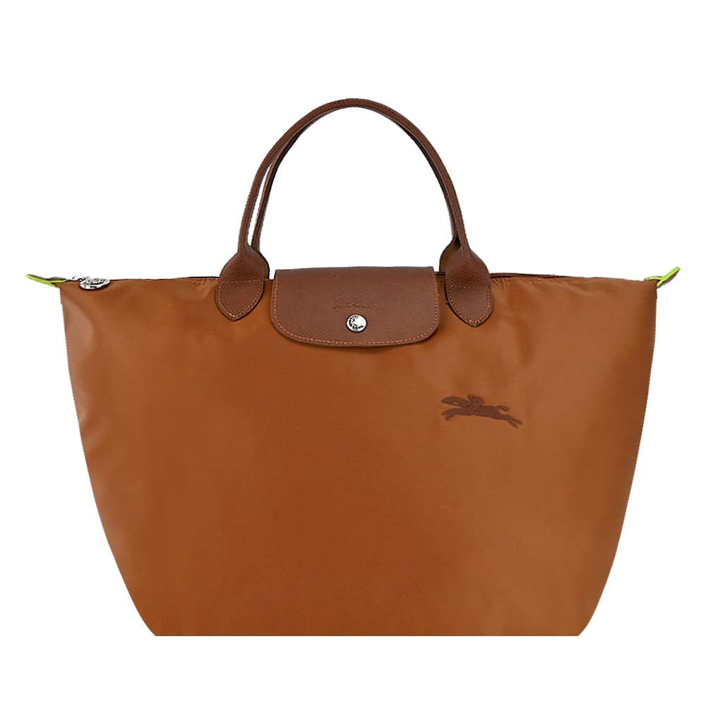 LONGCHAMP LE PLIAGE GREEN系列刺繡短把再生尼龍摺疊水餃包(中/白蘭地酒)