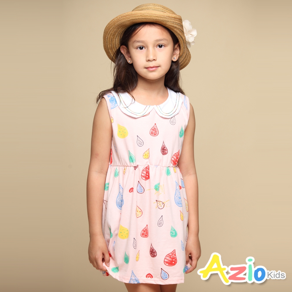 Azio kids美國派 女童 洋裝 圓領彩色車線滿版彩色水滴塗鴉無袖洋裝(粉)