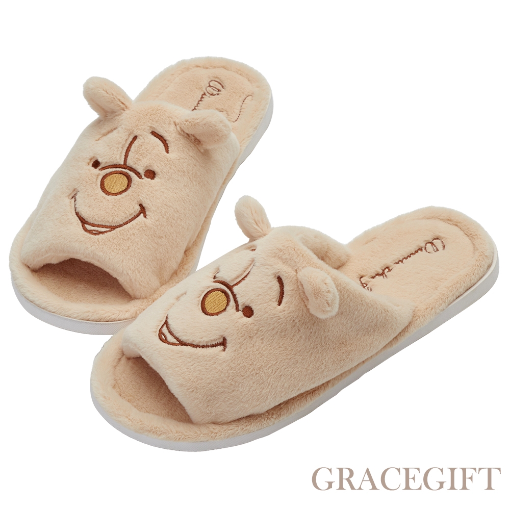 【Grace Gift】ANJOU聯名-迪士尼小熊維尼款立體絨毛室內拖鞋 黃