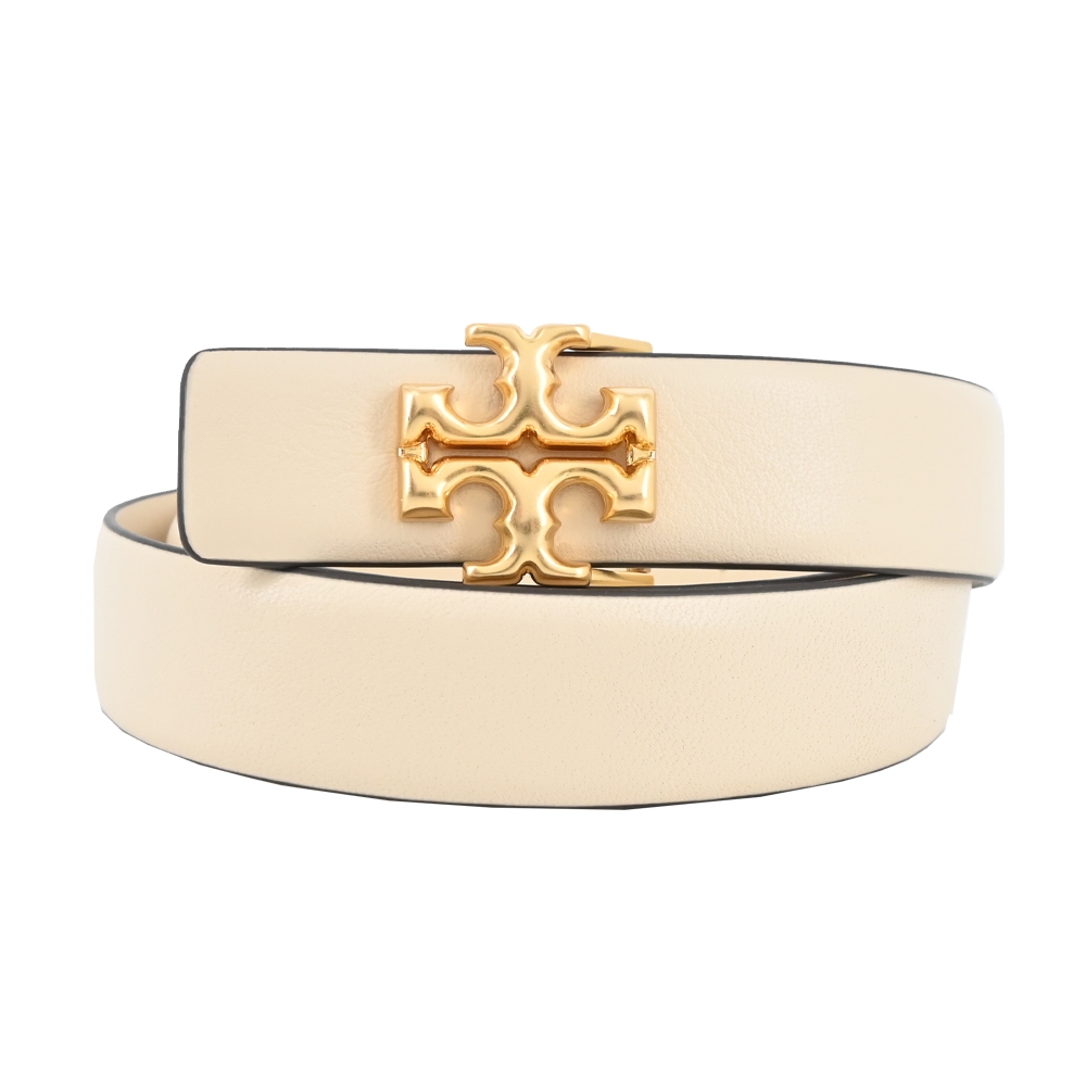 TORY BURCH ELEANOR小牛皮雙T大LOGO皮帶-奶油白