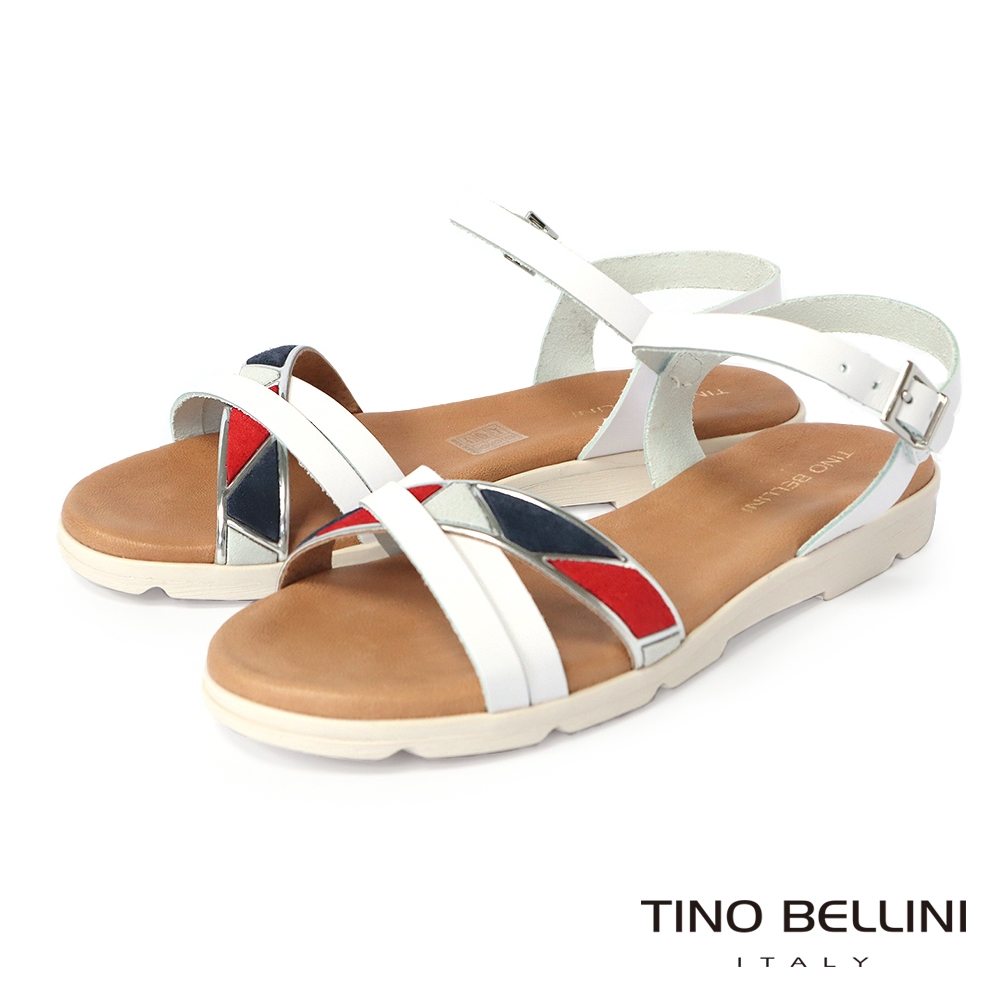 Tino Bellini 西班牙進口撞色交叉造型牛皮平底涼鞋-白