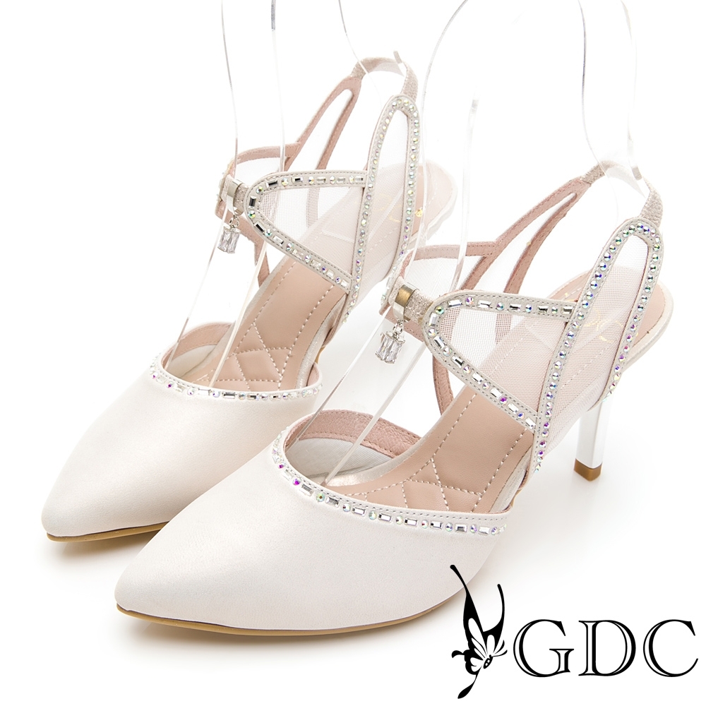 GDC-華麗殿堂鑲鑽簍空尖頭涼跟鞋-白色