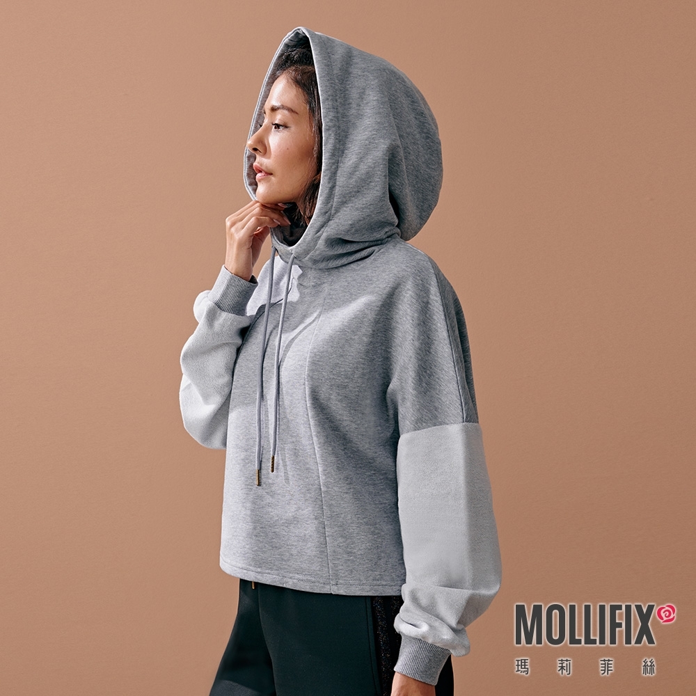Mollifix 瑪莉菲絲 線圈棉拼接連帽上衣 (麻花灰) 暢貨出清、瑜珈服、帽T、大學T
