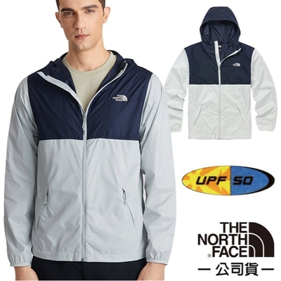 【The North Face】男 WindWall 防風防潑水可調節連帽外套.風衣.休閒夾克_7QP1-50A 灰/藍色拼接