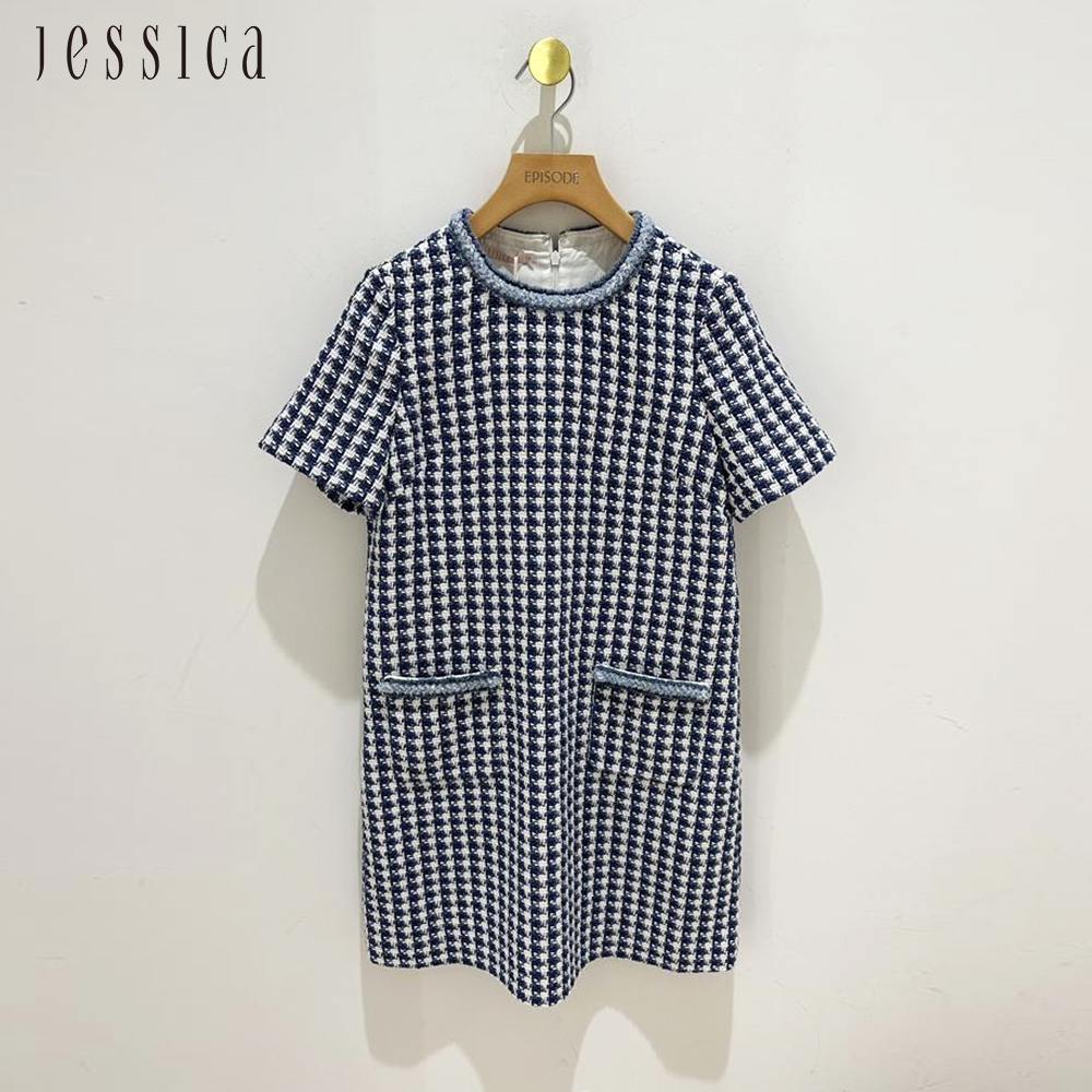 JESSICA - 復古千鳥格紋短袖圓領洋裝232373