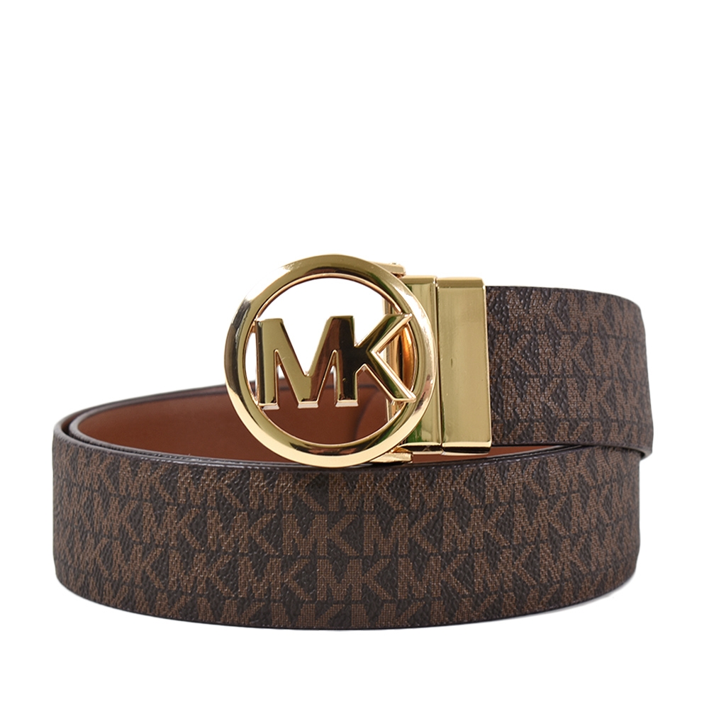 MICHAEL KORS 女款 圓形縷空LOGO雙面用寬版皮帶-咖啡色/焦糖色-M