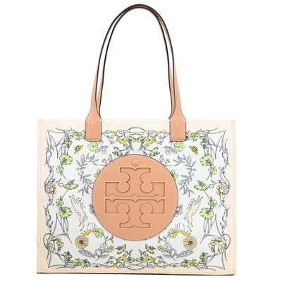 TORY BURCH 花卉印花肩背大托特包(裸粉邊/米)