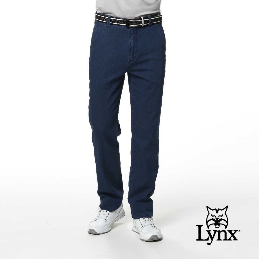 【Lynx Golf】男款彈性舒適天絲棉牛仔丹寧平面休閒長褲-深藍色