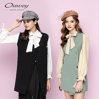 OUWEY歐薇 襯衫針織背心兩件式洋裝(黑/綠)