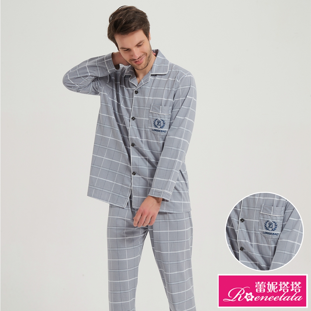 睡衣 紳士灰格紋 男性長袖兩件式睡衣(R08216-6灰) 蕾妮塔塔