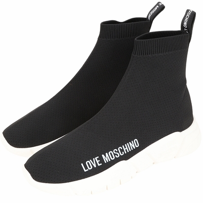 LOVE MOSCHINO 字母標誌彈性面料高筒襪套運動鞋(黑色)