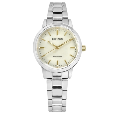CITIZEN / 光動能 優雅迷人 礦石強化玻璃 不鏽鋼手錶-米白色/27mm