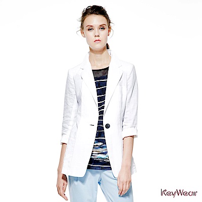 KeyWear奇威名品     100%苧麻俐落修身長袖外套-白色