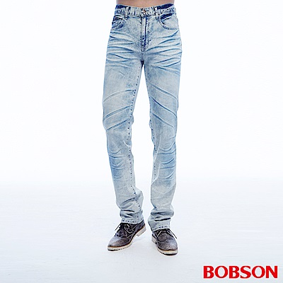 BOBSON 男款低腰壓摺淺藍直筒褲
