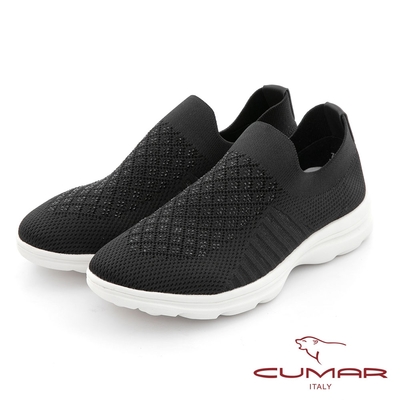 【CUMAR】簡約鑽飾飛織布彈力舒壓休閒鞋-黑