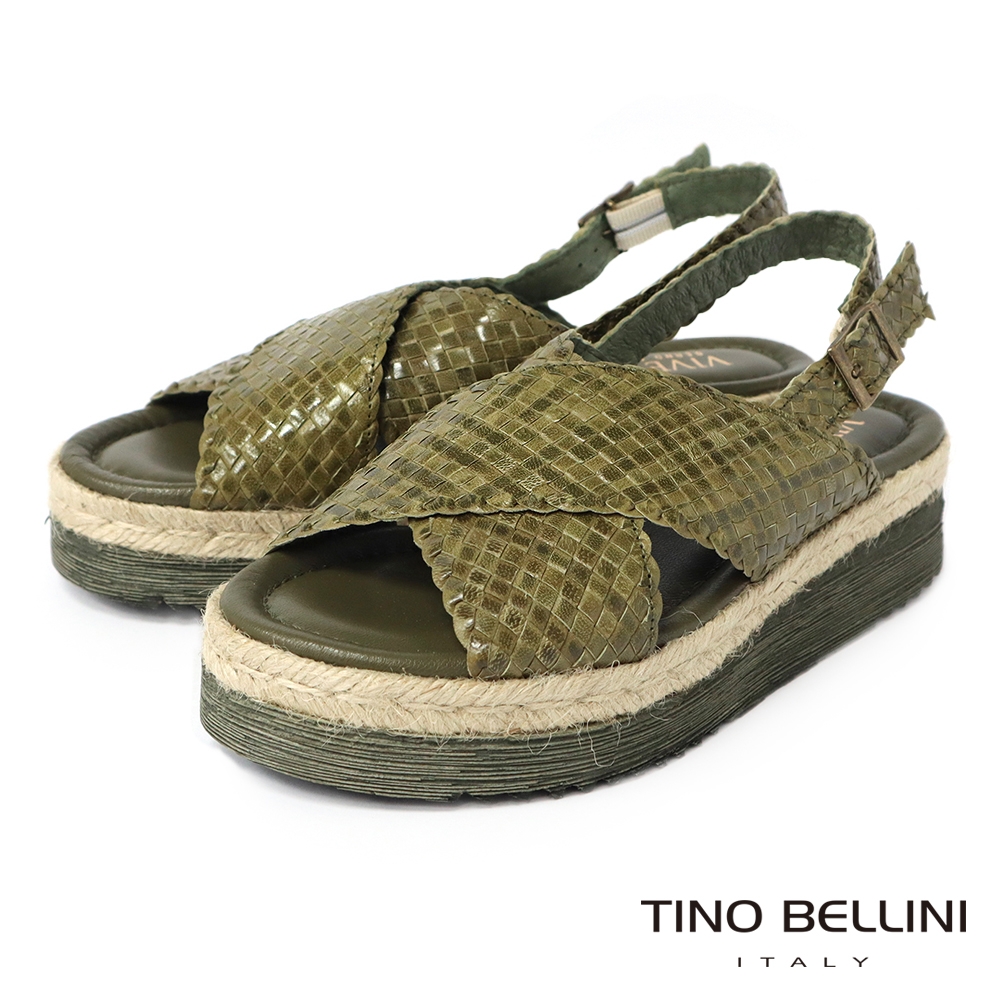Tino Bellini 西班牙進口編織工藝交叉寬帶麻厚底涼鞋-綠