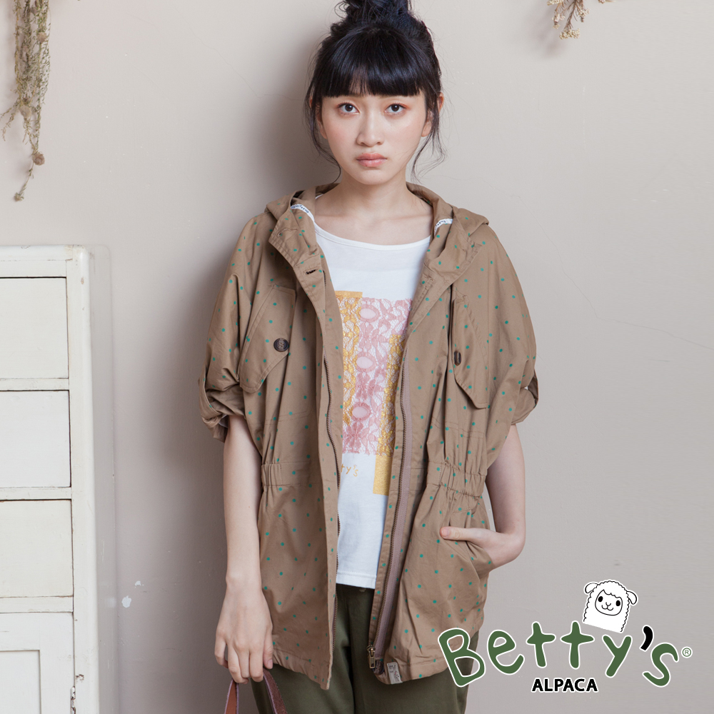 betty’s貝蒂思　連帽點點腰間鬆緊拉鍊外套(卡其)