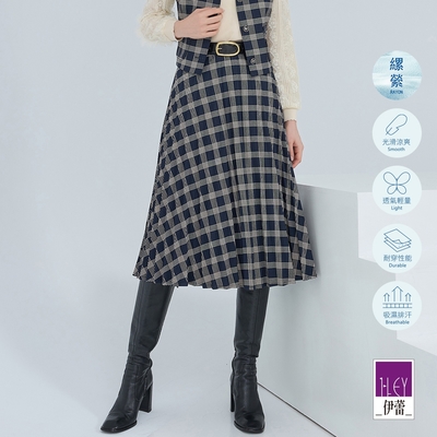 ILEY伊蕾 學院風格紋斜剪裁壓摺中長裙(深藍色；M-XL)1233012216