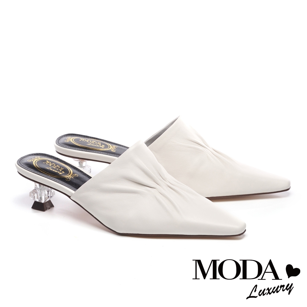 拖鞋 MODA Luxury 復古時尚抓皺羊皮穆勒高跟拖鞋－白