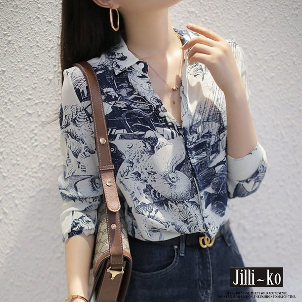 JILLI-KO 復古印花時尚襯衫- 白色