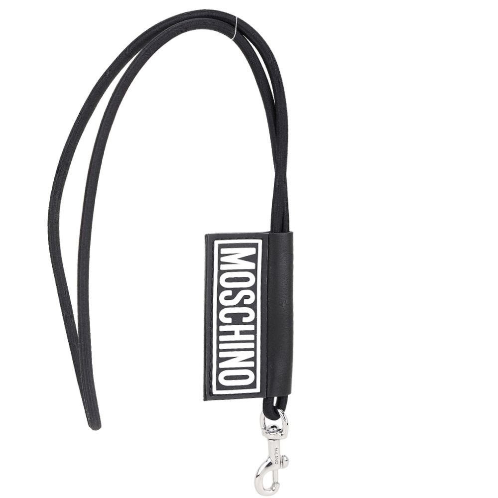 MOSCHINO 品牌矽膠字母彈性掛繩皮革牌鑰匙圈(黑色)