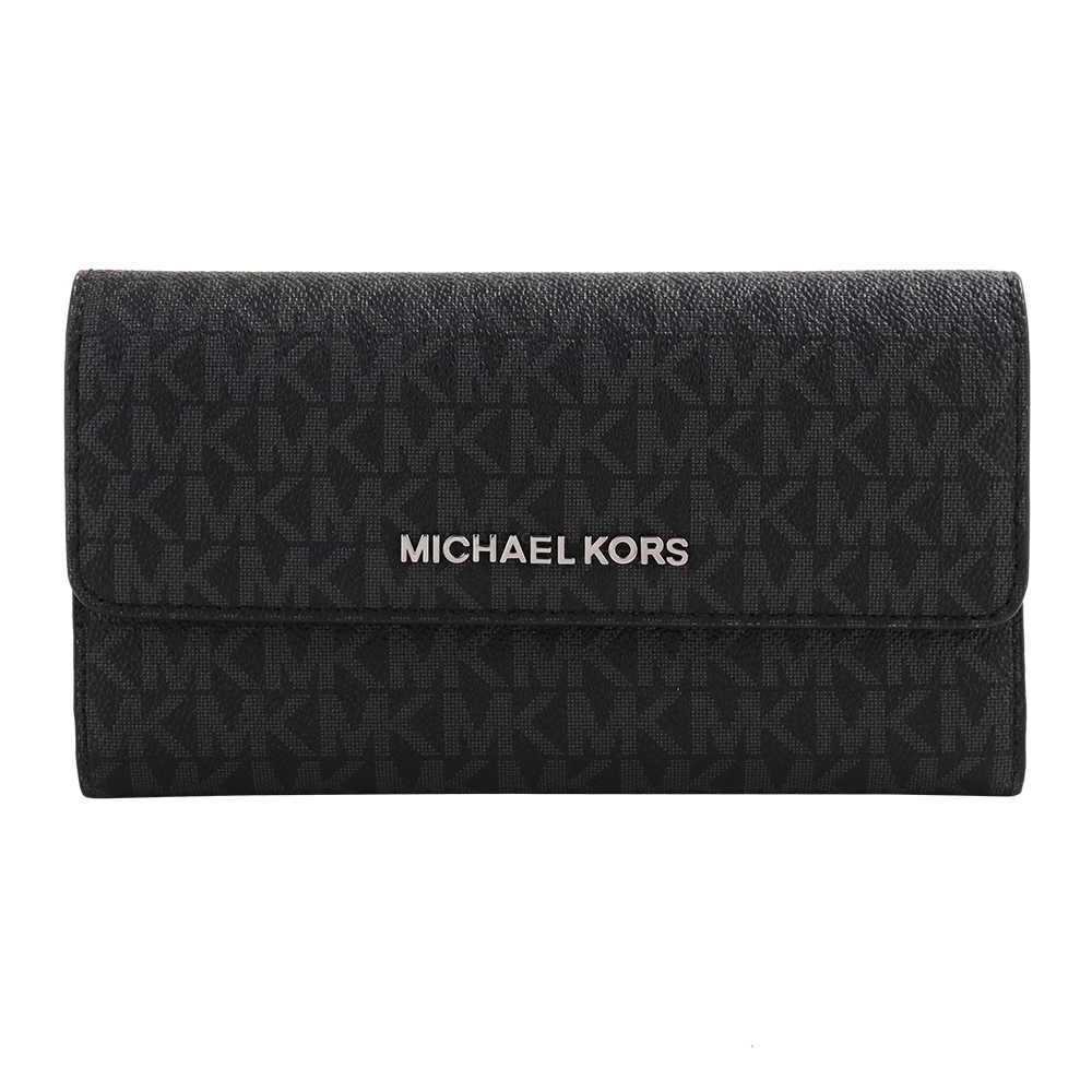 MICHAEL KORS  銀字LOGO防刮皮革釦式長夾(黑灰)