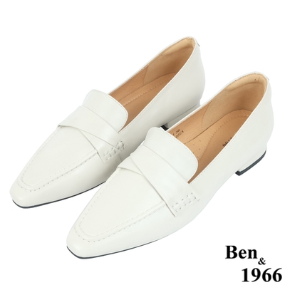 Ben&1966高級頭層牛皮尖頭低跟樂福鞋-米白(238272)