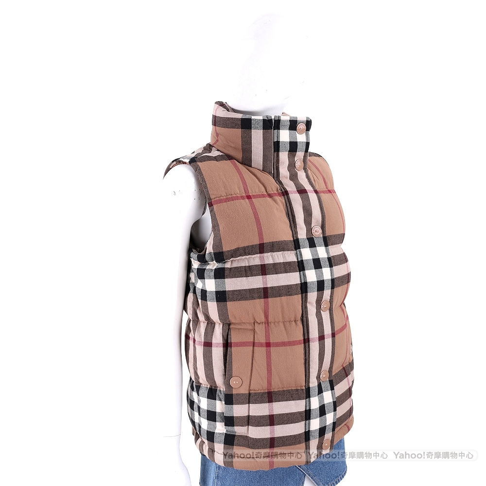 BURBERRY 80%鵝絨復古格紋立領咖棕色羽絨背心(女款) | 精品服飾/鞋子