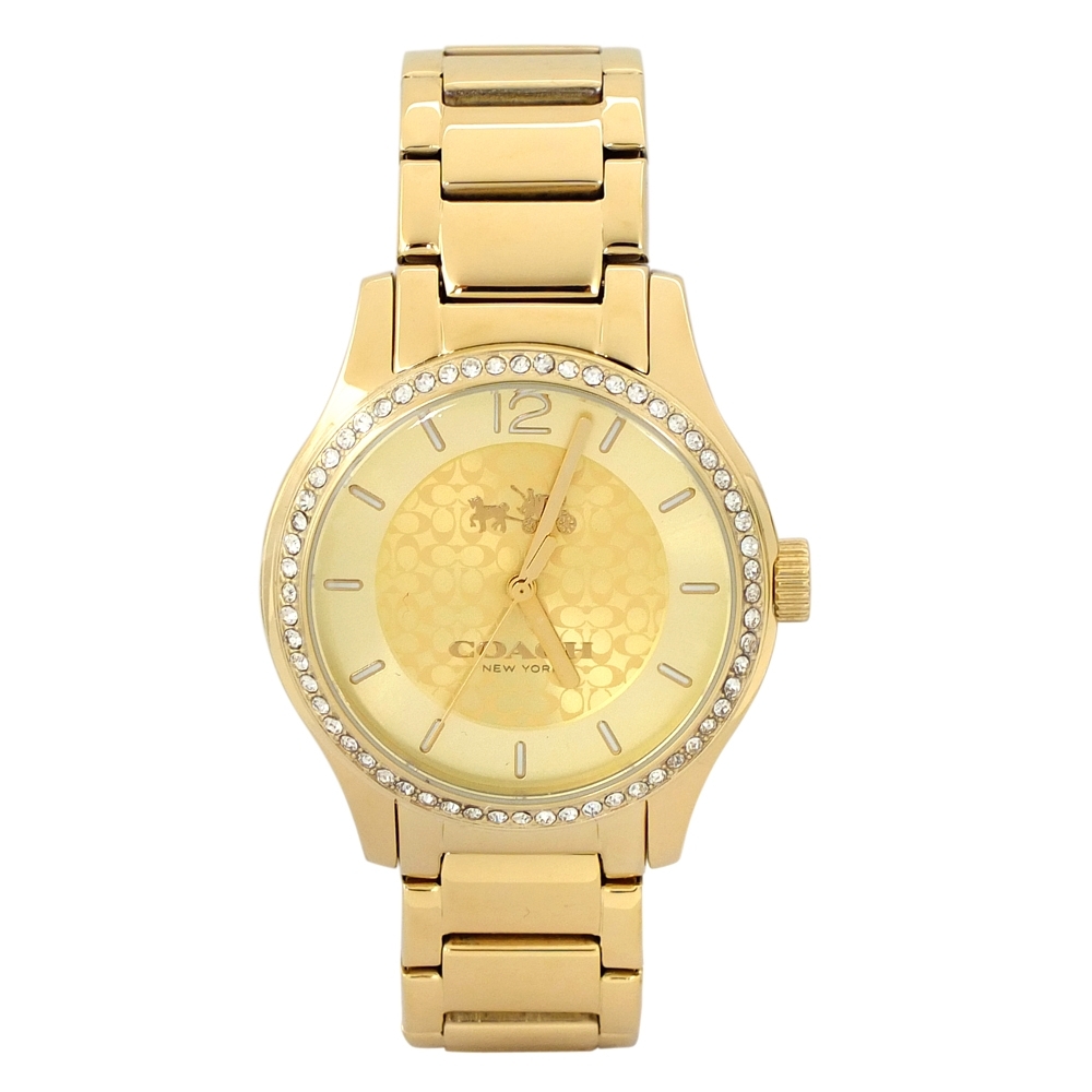 COACH金色C Logo水鑽鑲邊不鏽鋼時尚腕錶/35mm