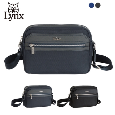 【Lynx】美國山貓十字紋牛皮防潑水尼龍布包橫式側背包(小) 多格層收納-藍/黑