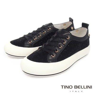 Tino Bellini 閃耀晶鑽羊皮拼接平底休閒鞋-黑