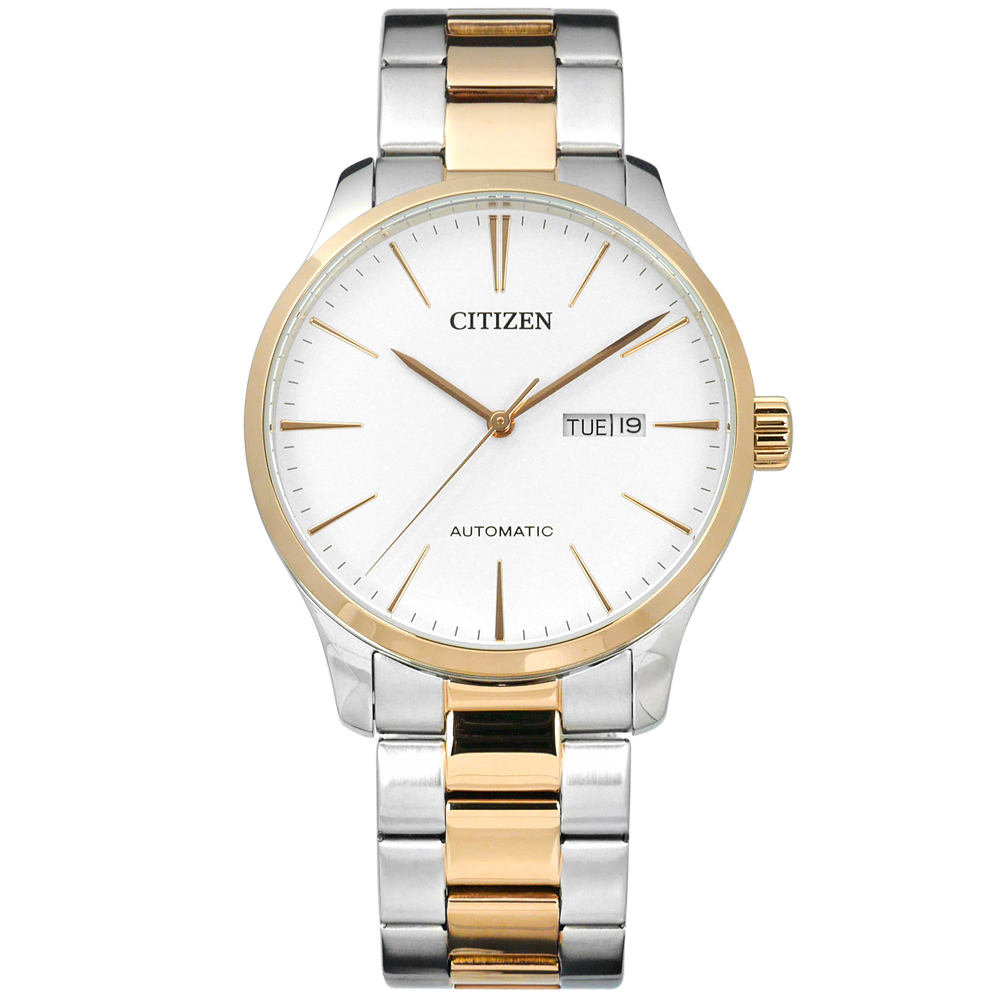 CITIZEN 星辰表 自動上鍊日期星期日本機芯機械錶不鏽鋼手錶-白x鍍香檳金/40mm