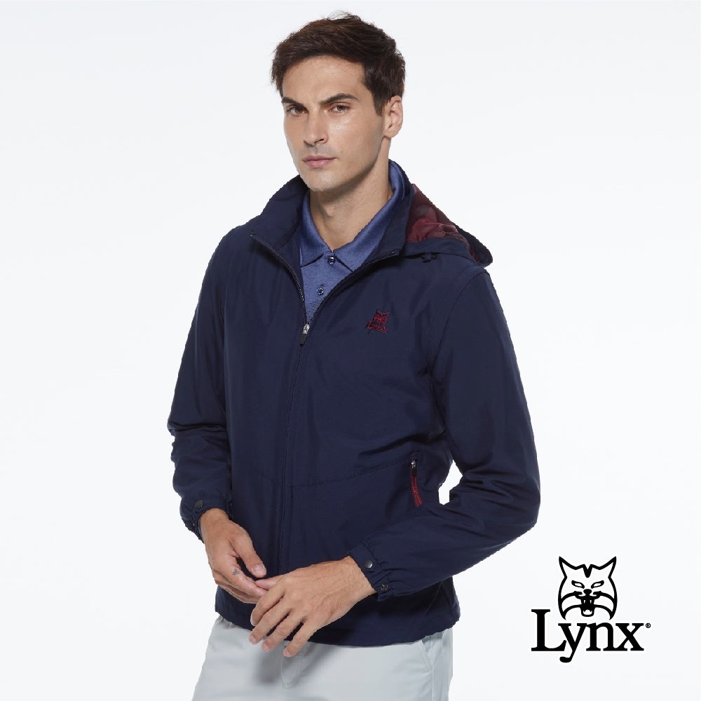 【Lynx Golf】男款素面內刷毛可脫袖連帽可收式長袖外套-深藍色