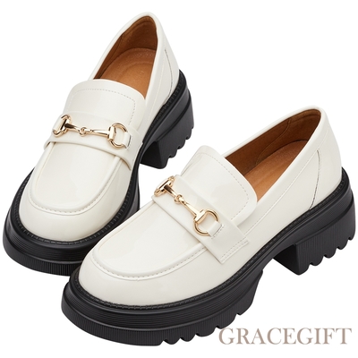 【Grace Gift】經典馬銜扣輕量厚底樂福鞋 米漆