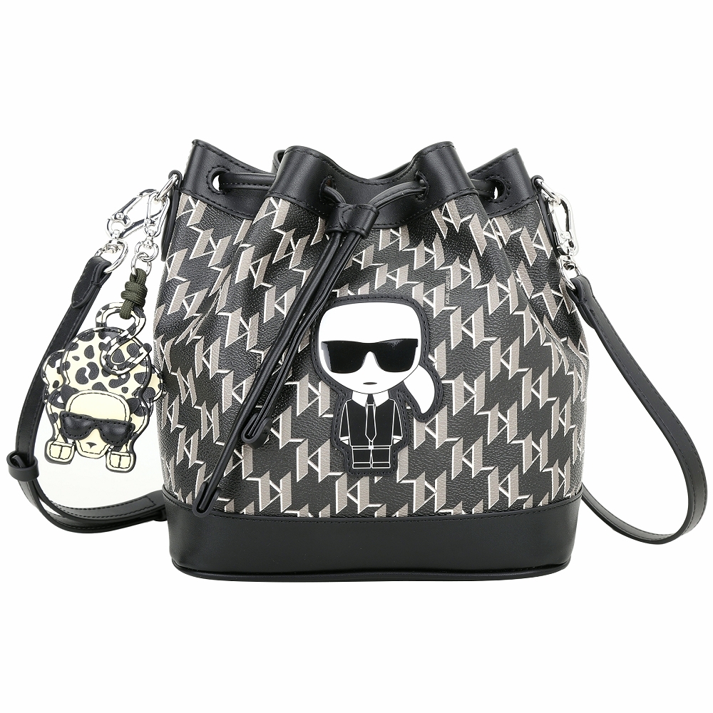 KARL LAGERFELD K/IKONIK KL字母老花帆布斜背水桶包(黑色)